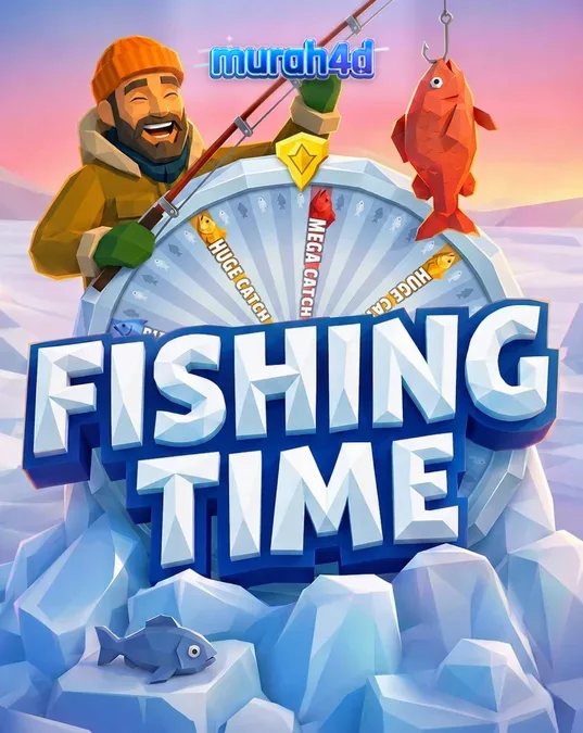 Tampilan visual permainan Fishing Time dengan latar belakang danau beku dan roda bonus.